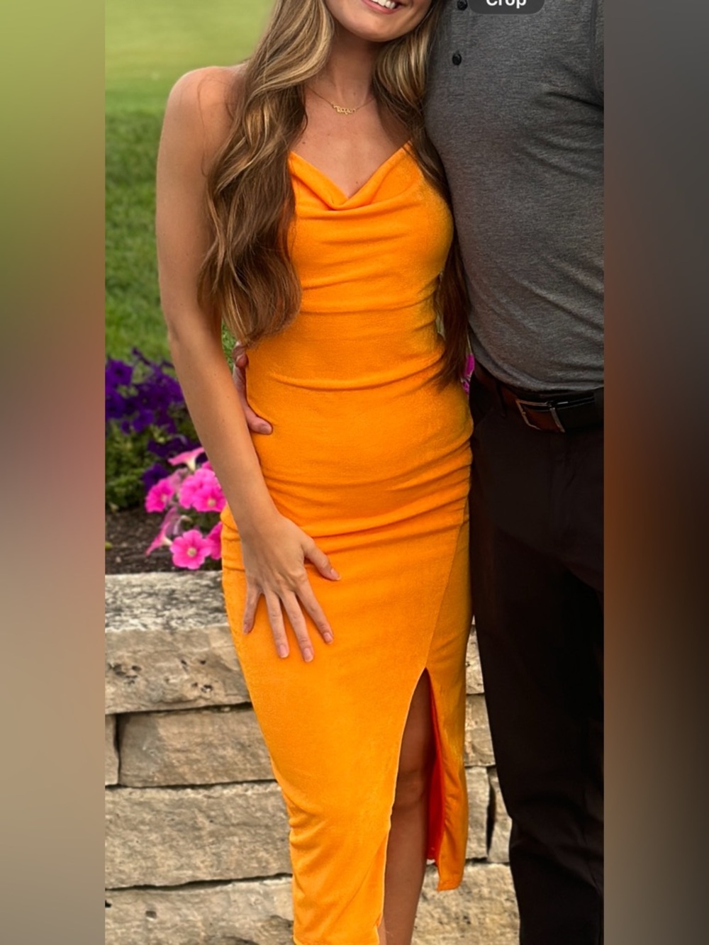 Women's Orange Cowl-Neck Midi Dress with Side Slit
